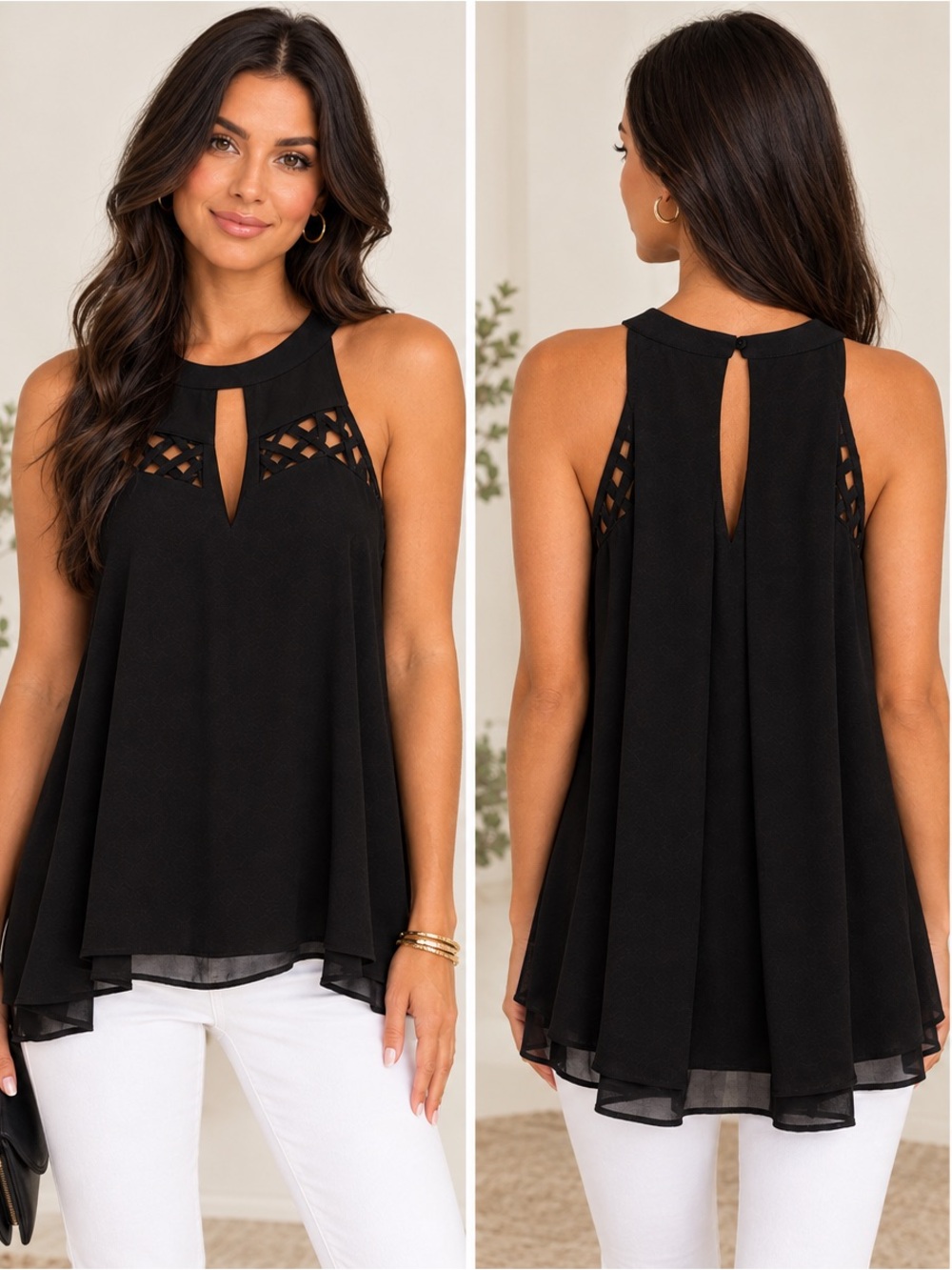 Naked Zebra Black Sleeveless Keyhole Tank, Black Chiffon Cage Blouse